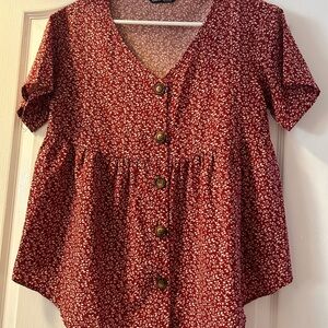 Floral Red Button-Up Women's Top